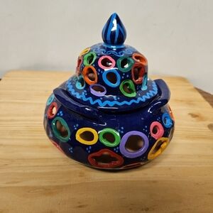 Vintage Mexican Talavera Hand-painted Clay Pottery Tealight Base with Lid
